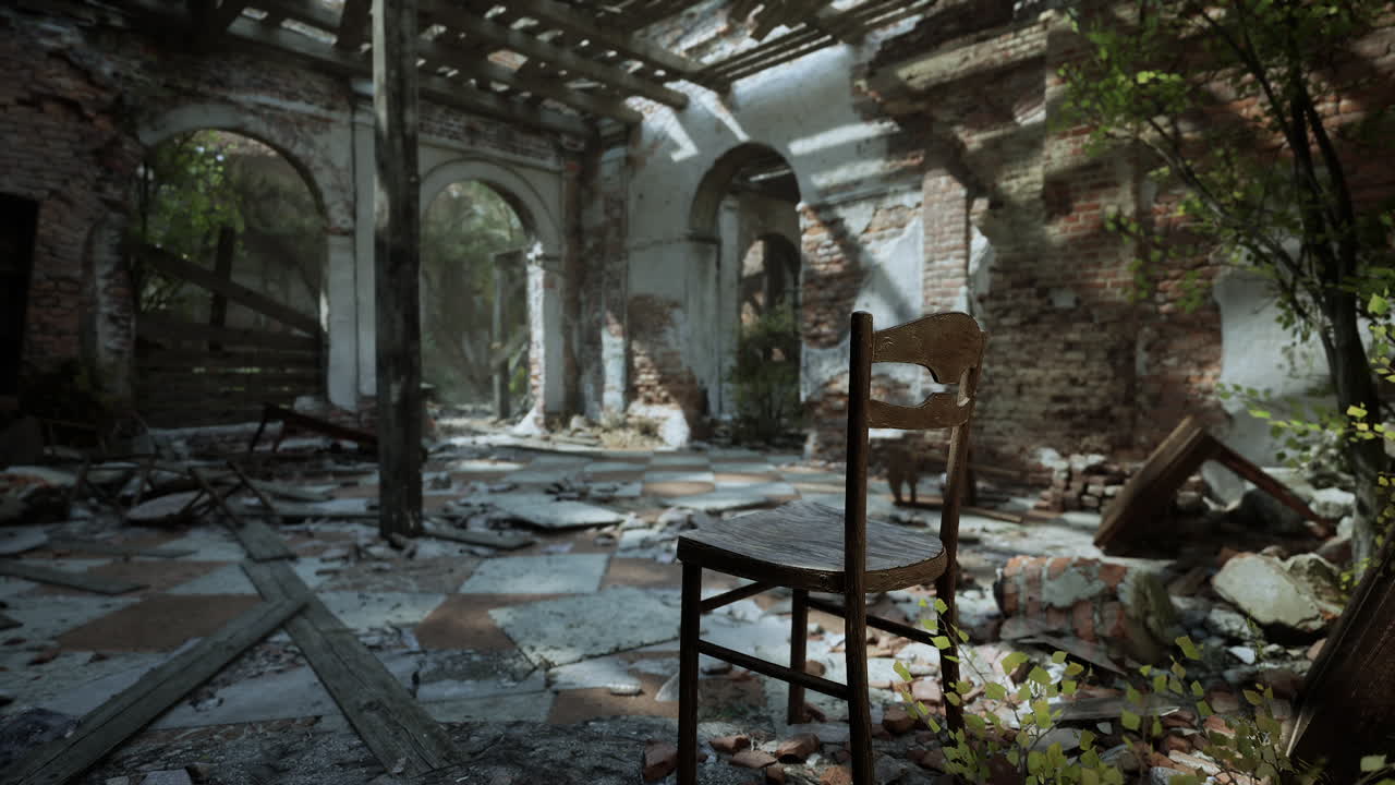 Old mansion ruins in europe overgrown with plants and a lone chair