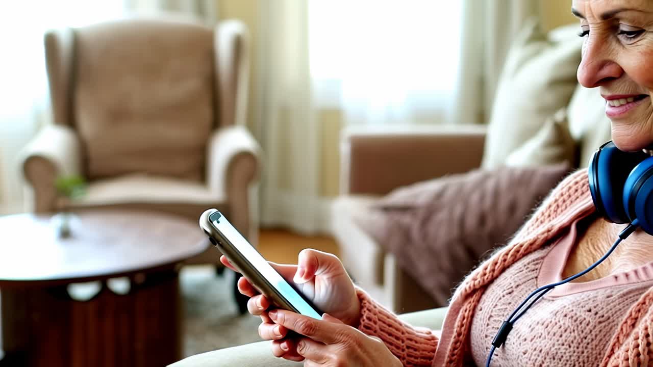 Smiling older woman sitting on a sofa and watching content on her cell phone.
