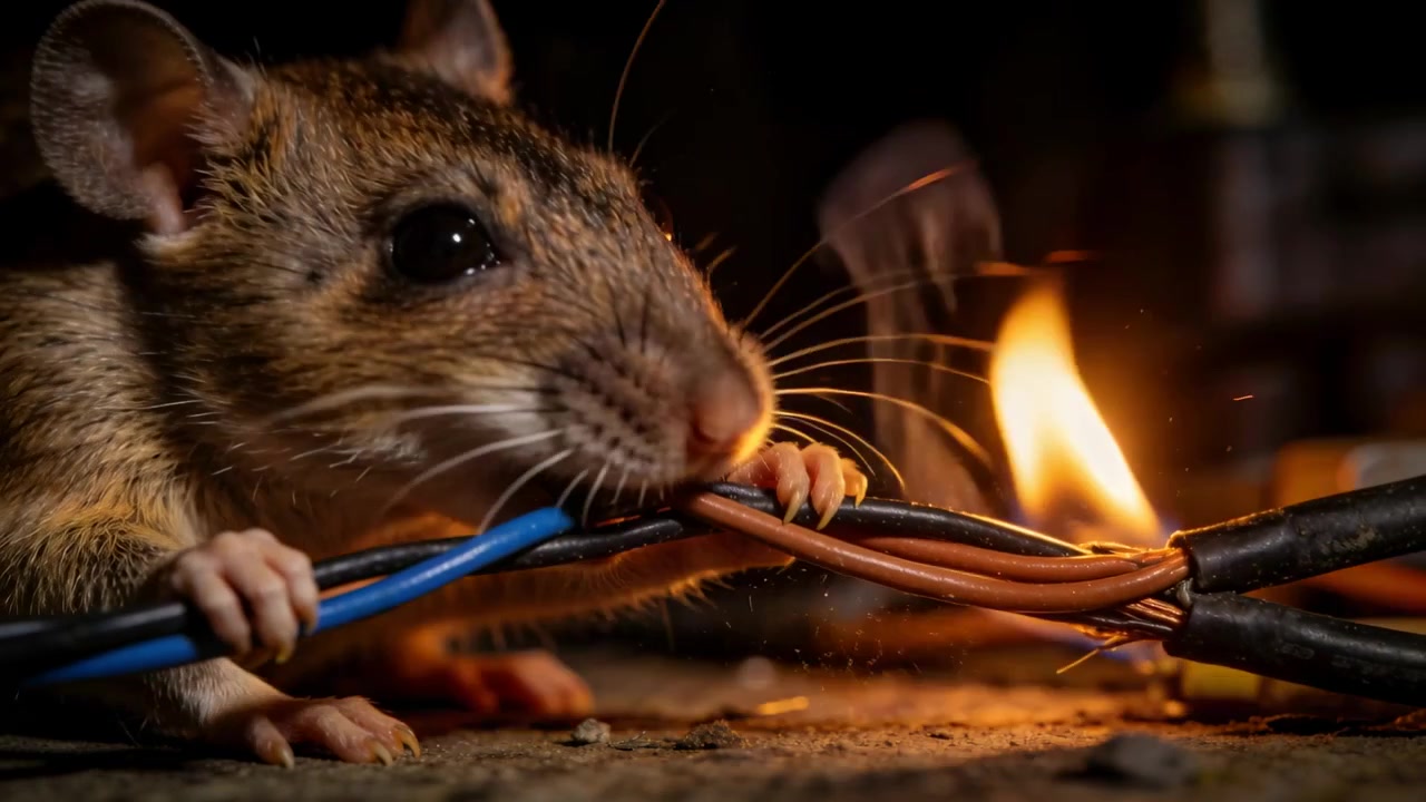 Gnavende vild mus afisolerer blå og brune ledninger på ru gulv nær åben flamme, blotlægger kobber.