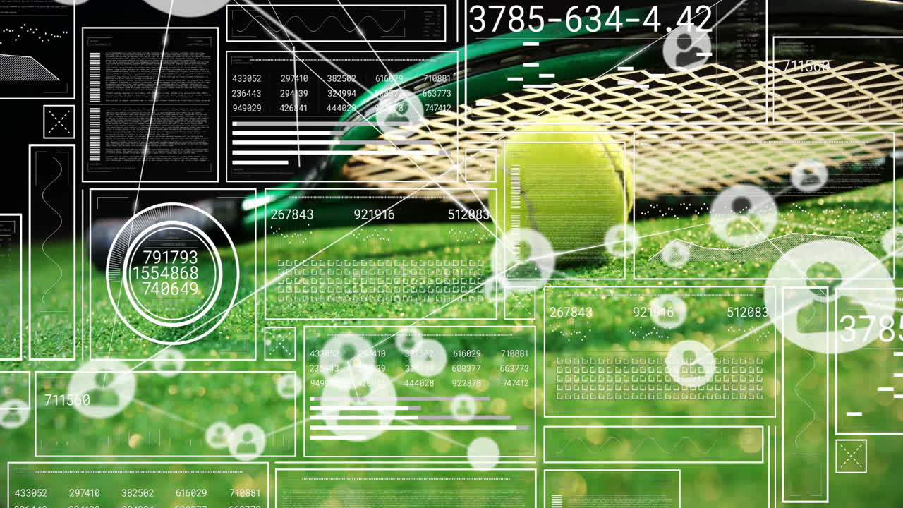 Tennis ball plus racket strings being visualized on grass court, with HUD overlays and waveforms