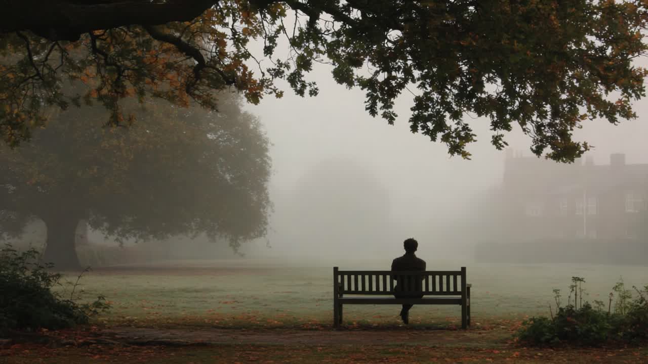 A solitary figure sits quietly on a bench beneath a sprawling tree, surrounded by a misty landscape that evokes a sense of introspection and serene solitude