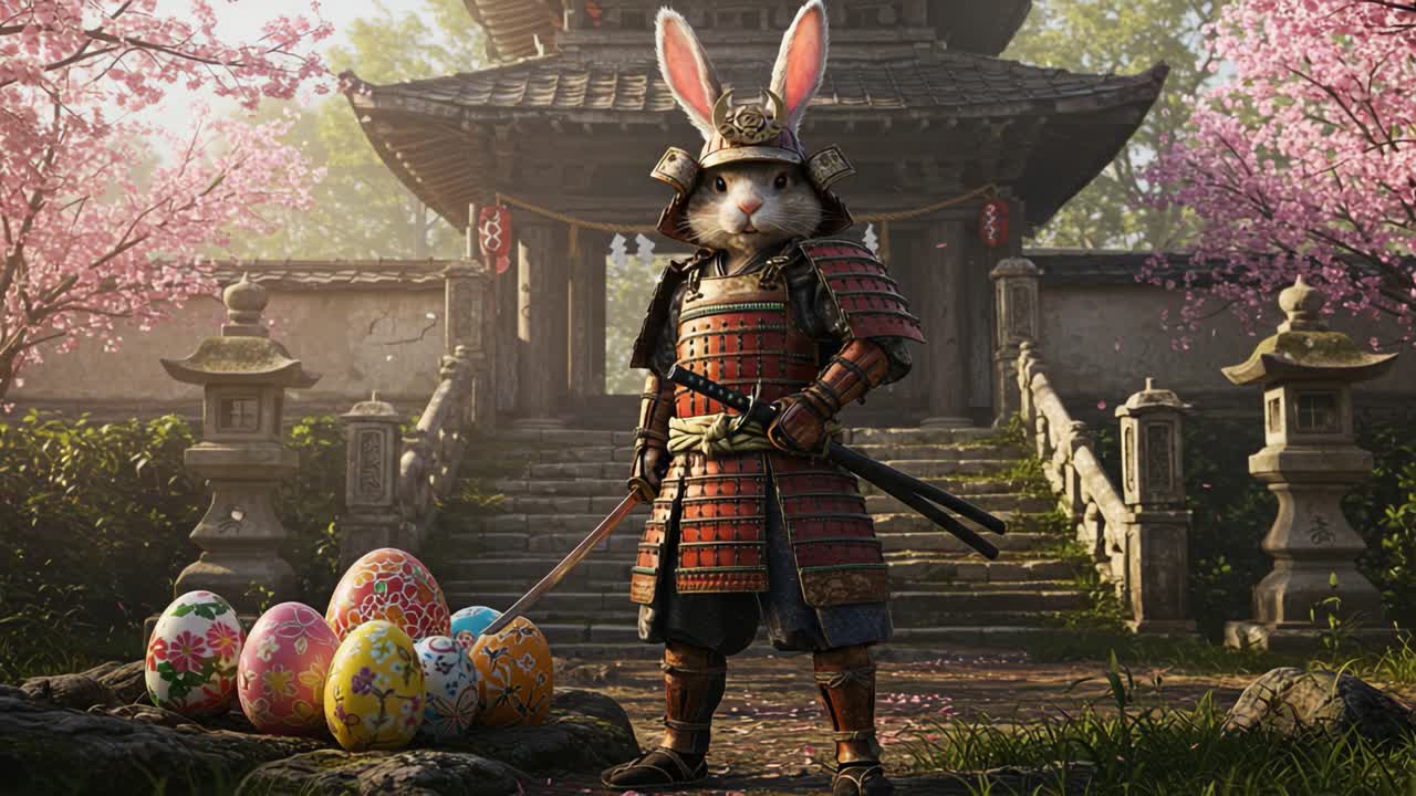 A Brave Samurai Bunny Guarding Colorful Easter Eggs Amidst Cherry Blossoms in a Tranquil Temple Setting