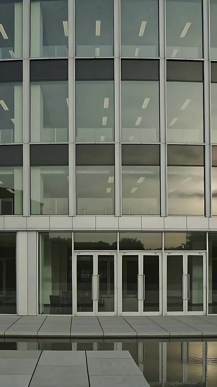 Video verticale: Inizio dell'inclinazione, la telecamera mostra la facciata dell'ufficio in piazza per rivelare le porte a vetri e la piscina