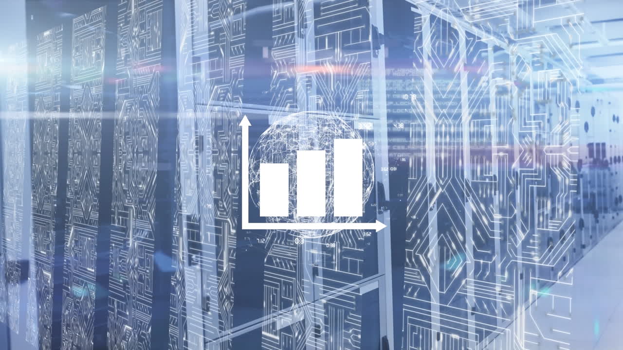 Animation of icons and globe over server room