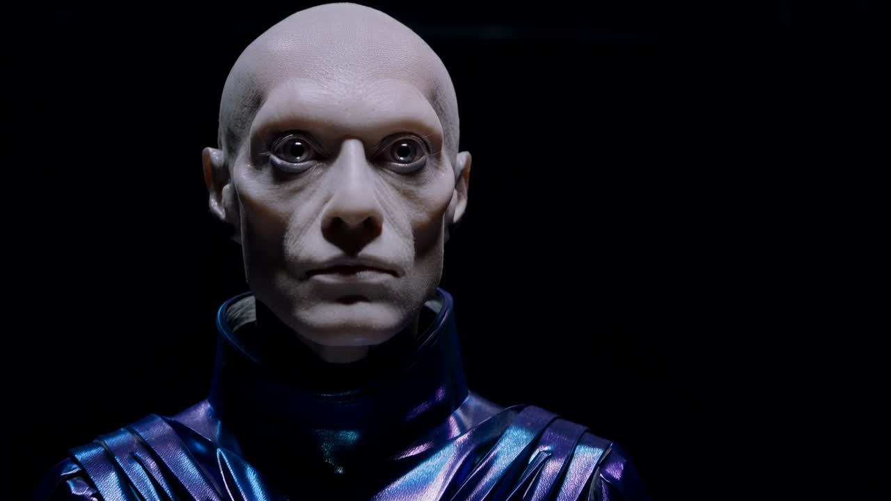 Inquadratura con camera in movimento di un attore calvo in studio, che mostra il personaggio con sguardo crescente e collare di metallo