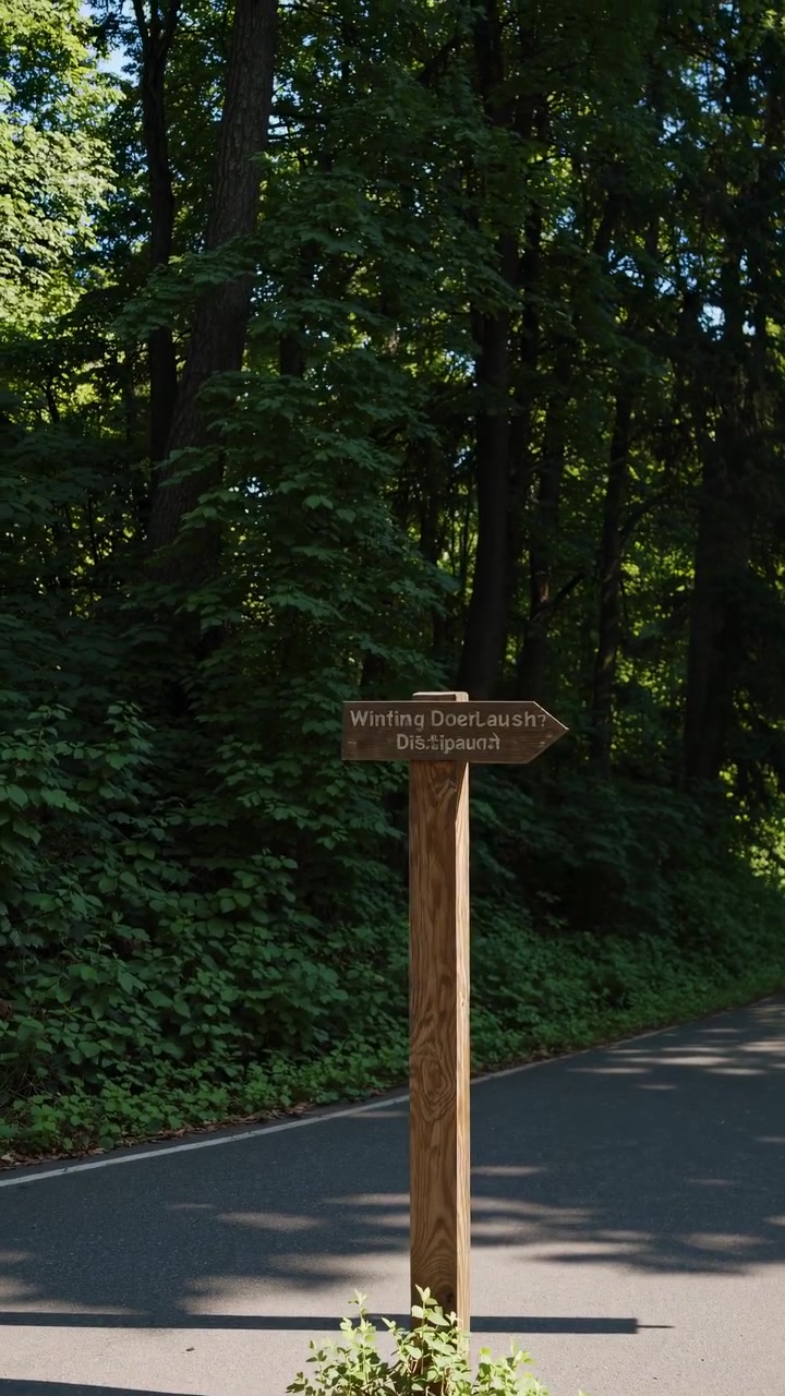 Cartello di legno su una strada ombreggiata attraverso una foresta verde