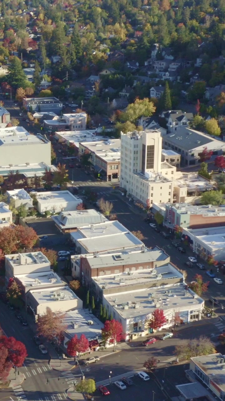 Droneoptagelse, der bevæger sig fra højre mod venstre over Ashland centrum's hustage og træbeklædte hovedgade, med Ashland Springs Hotel synligt midt i efterårsløvet.