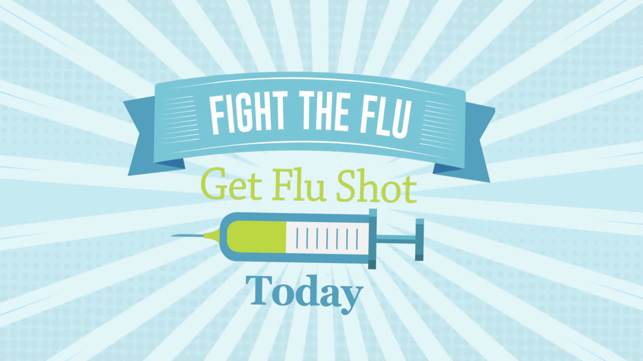 파란색 방사선 배경에 주사기 아이콘이 있는 독감 백신 접종 텍스트 배너