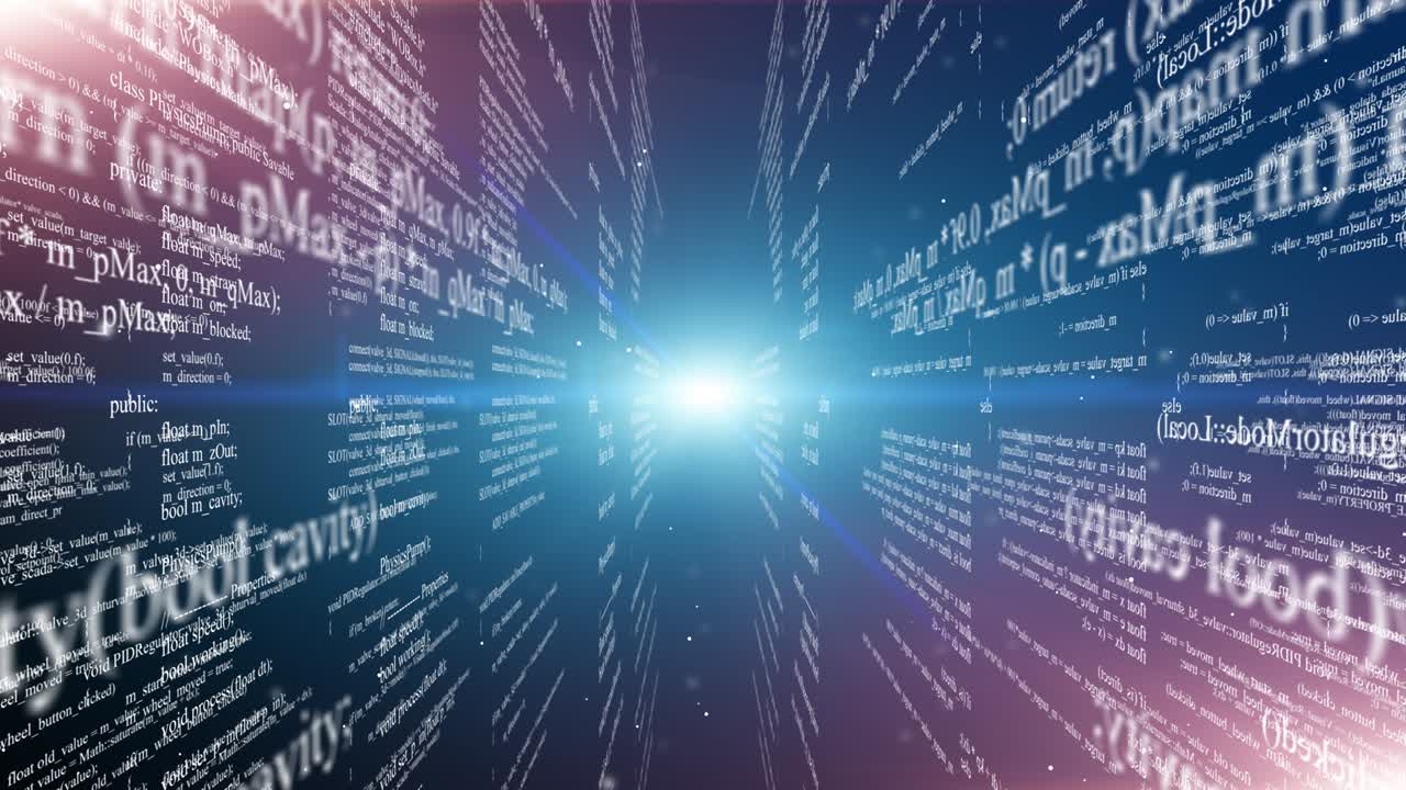 가상 공간에서 날아다니는 프로그램 코드 블록.