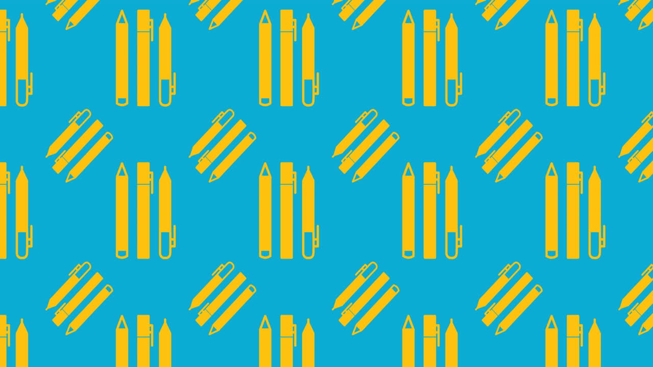 파란색 배경 위에 노란색 펜과 연필 패턴의 애니메이션