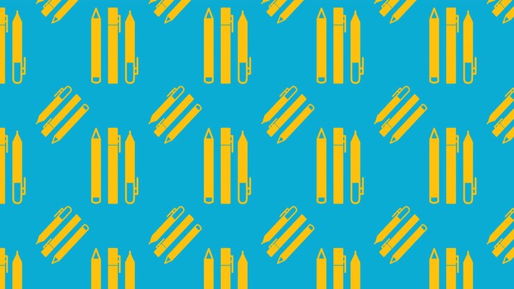 Animation of yellow pens and pencils pattern over blue background