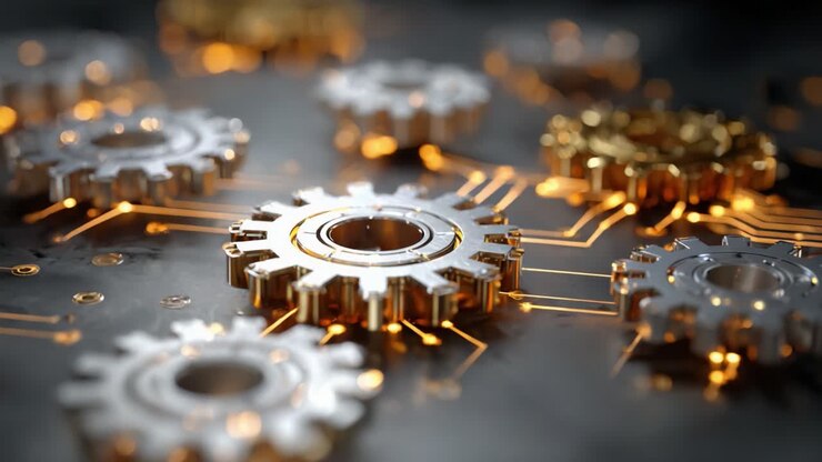 Intricate golden and silver gears rotating and connecting on a futuristic circuit board, symbolizing industrial automation, technological advancement, and complex machinery in motion