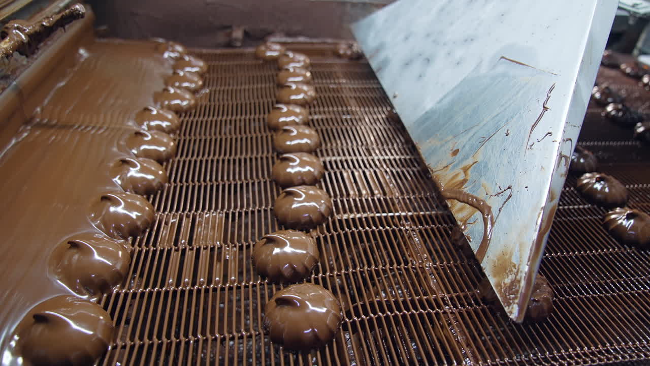 Factory making chocolate candies. Delicious sweet deserts conveyor technology.