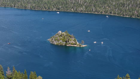 drone shot of fannette island in emerald bay of lake tahoe, california usa on sunny day