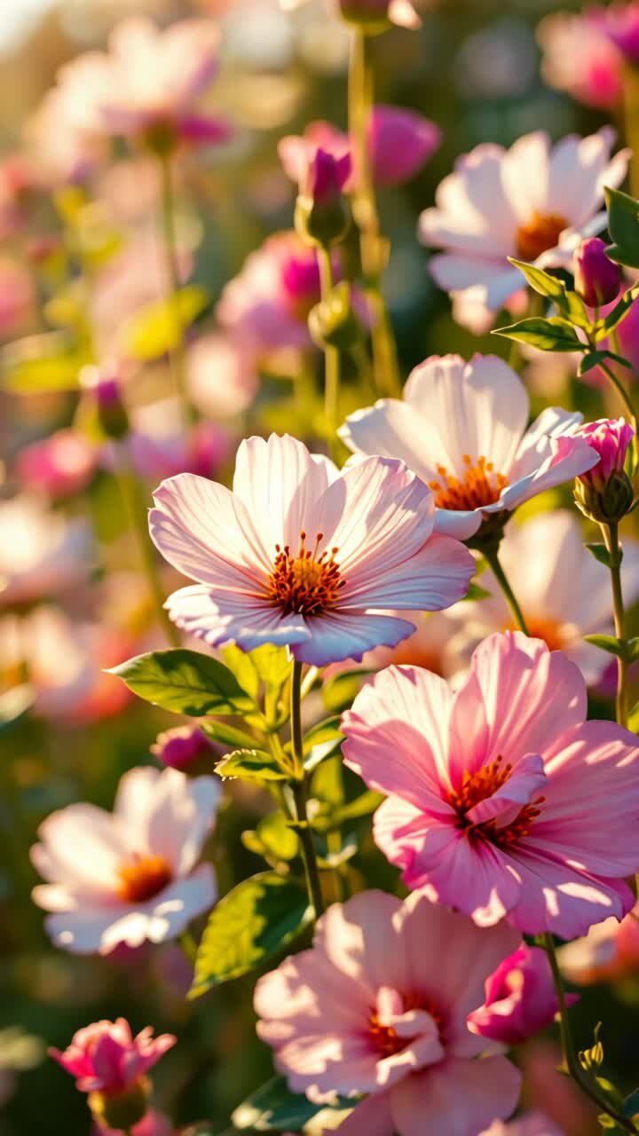 Hermosas flores Cosmos rosas y blancas bajo la luz del sol