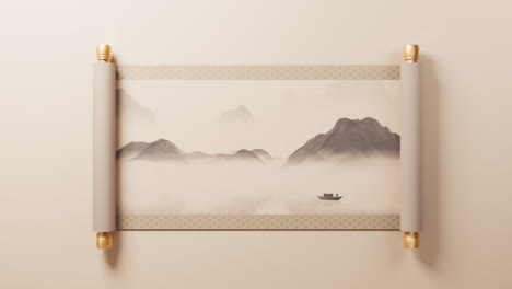 antiguo carrete chino con pintura de lavado de tinta, renderización 3d.