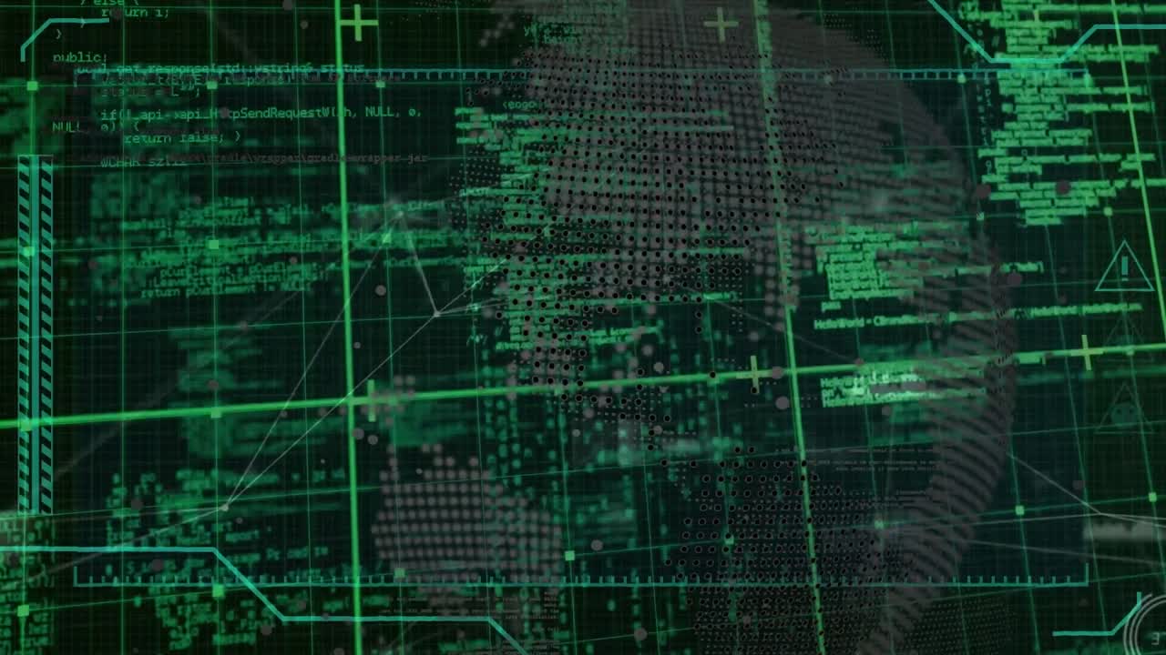Animation of financial graphs and data processing in green and black digital space