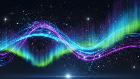 vibrant spectrum waves illuminating a starry cosmic background in vivid colors and flowing patterns, captured in two stunning frames of motion and rhythm