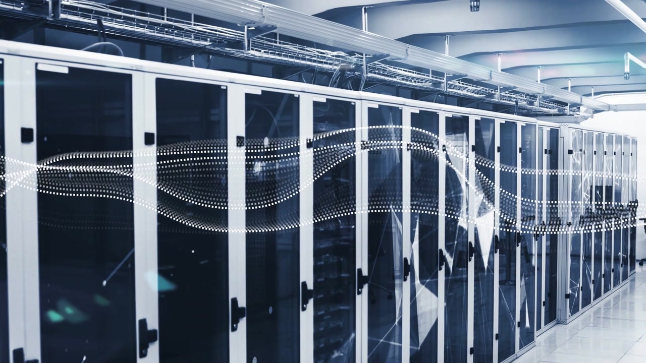 Camera panning right, revealing server racks in data center, dotted waveforms aligning with LEDs