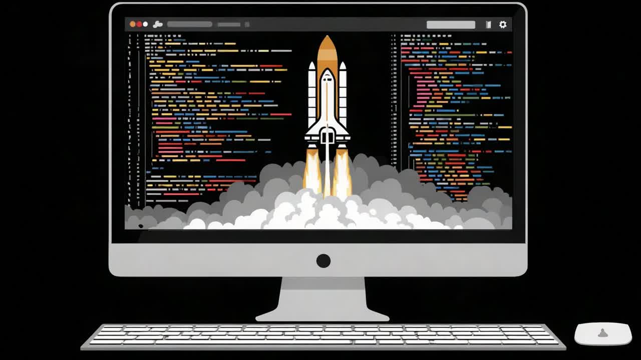 A Digital Launch: An Inspiring Depiction of a Rocket Liftoff Amidst Coding in an Innovative Computer Environment