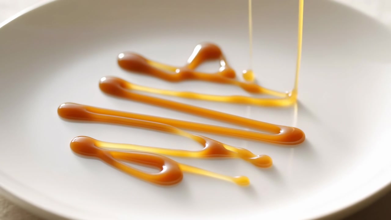Ravfarvet sirup hældes ud på en hvid keramisk tallerken, der skaber blanke bånd, tåreformede pytter, varme refleksioner, glat tekstur, minimal studio madstyling til præsentation af gourmetdessert, med sirup