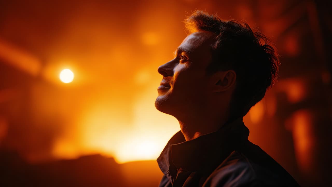 Un momento di contemplazione: Un giovane sagomato contro uno sfondo industriale di fiamme calde e luce incandescente, catturando l'essenza della riflessione e dell'introspezione
