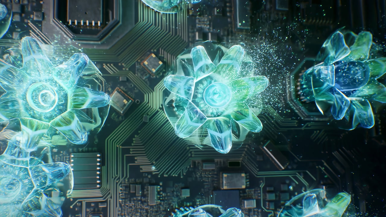 Glowing Crystalline Blooms Across Circuit Motherboard, Turquoise Petal Formations Hover Above Printed