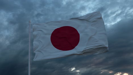 realistic flag of japan waving in the wind against deep heavy stormy sky
