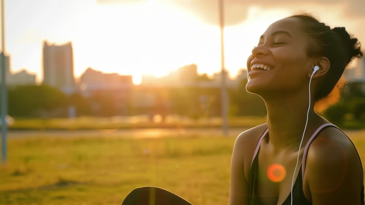 Uma cena de vídeo serena de uma mulher sorrindo com fones de ouvido, capturada ao pôr do sol