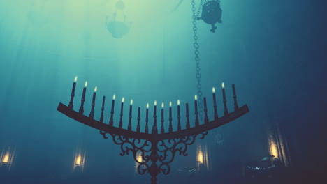 antique candlestick in a misty church interior