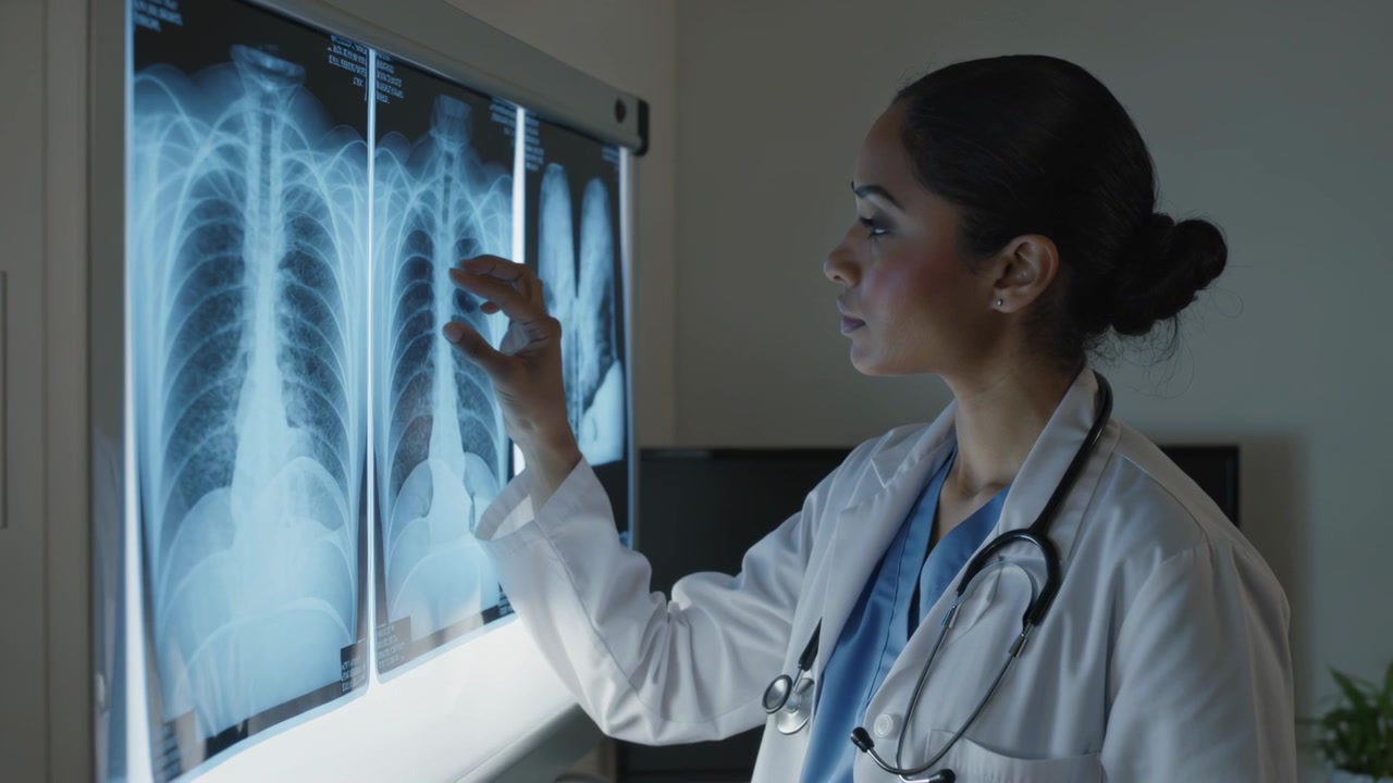 Scanning clinician in lab coat, pointing and pinching chest X-rays at backlit viewer and comparing