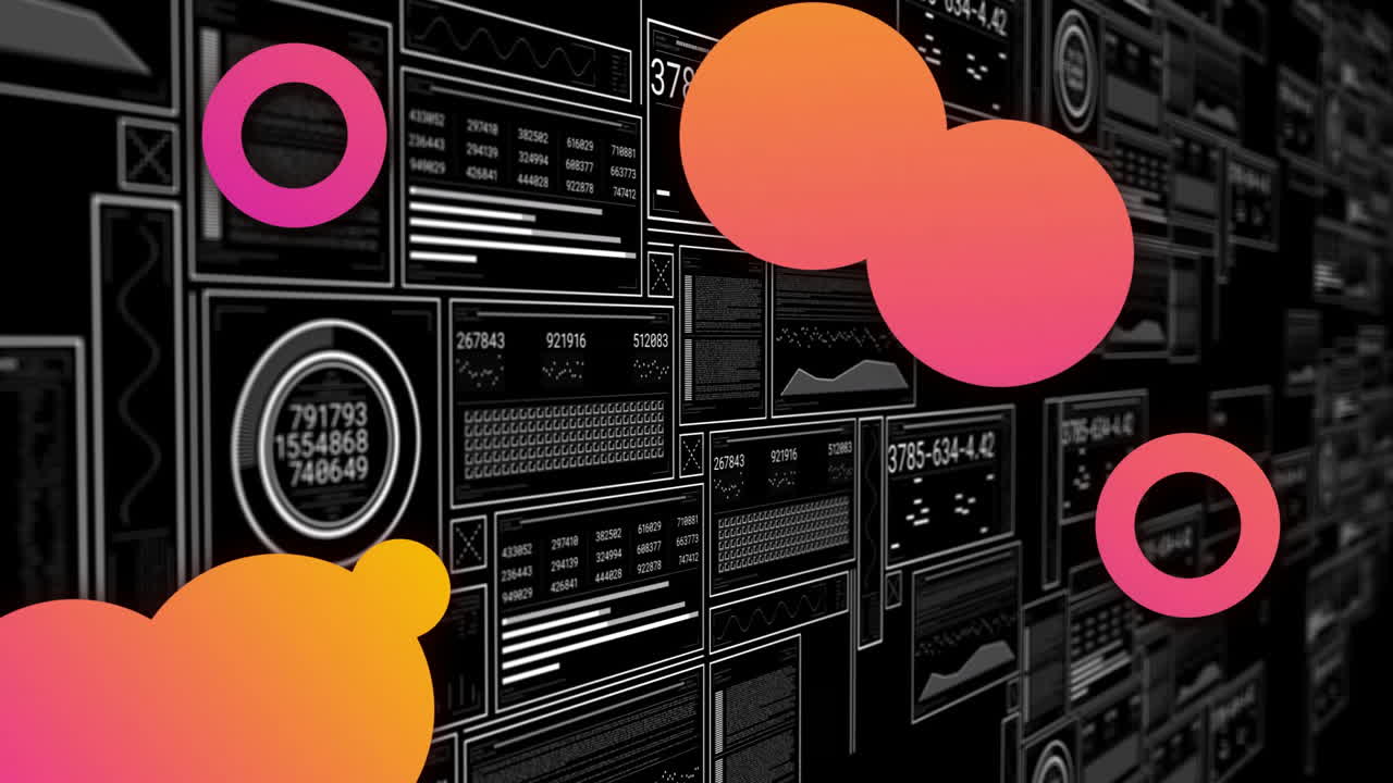 Animation of colorful abstract shapes overlaying digital data panels with graphs