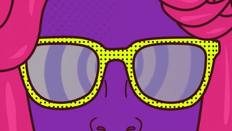 Animation-Eines-Weiblichen-Violetten-Retro-Gesichts-Mit-Sonnenbrille-Und-Violetten-Streifen