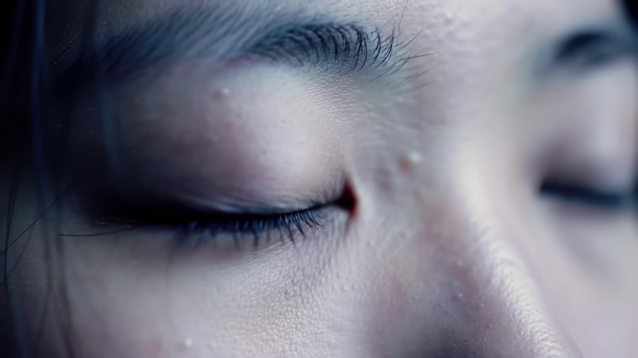 Close-up view of a person's peaceful closed eyes, conveying calmness and introspection. The soft lighting enhances the serene atmosphere, creating an engaging emotional response.