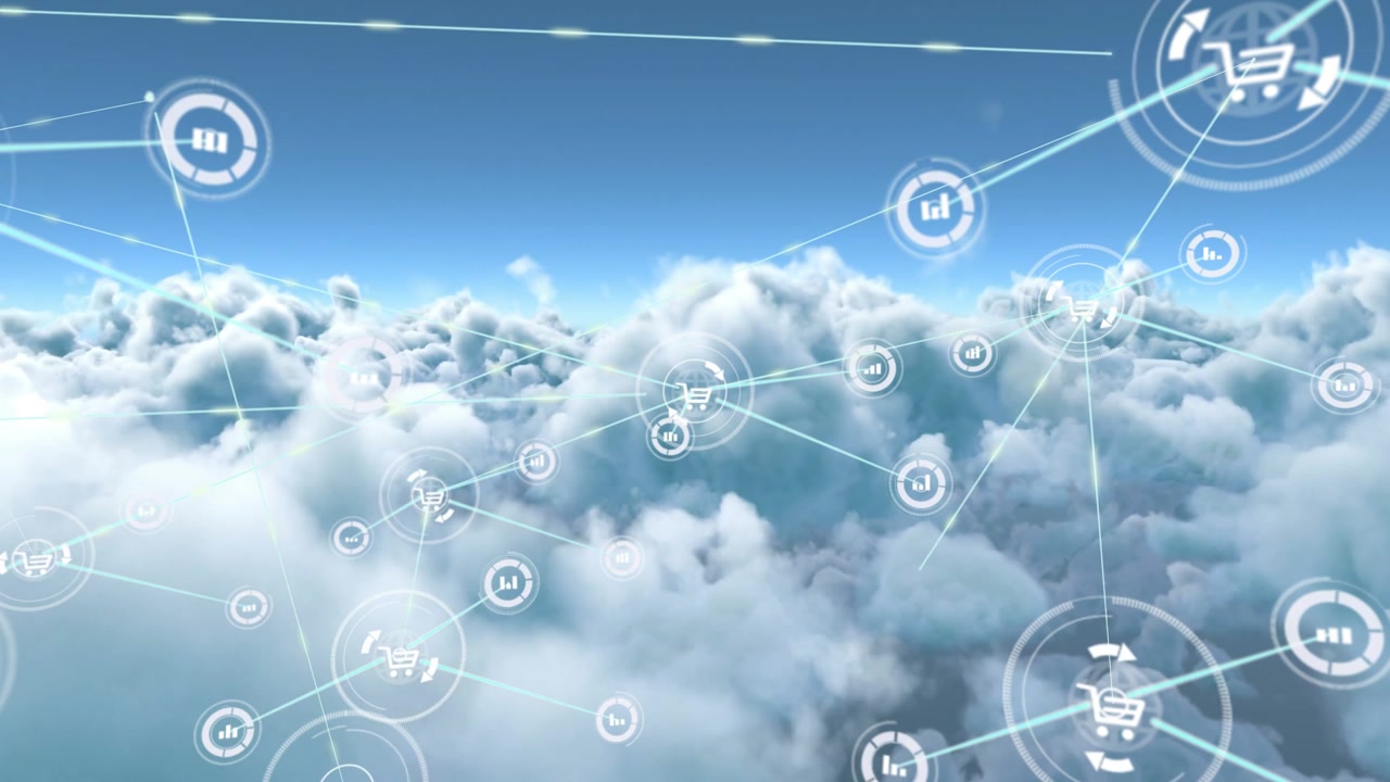 Scene load driving camera pan through 3D clouds, icons floating and linking showing cloud services