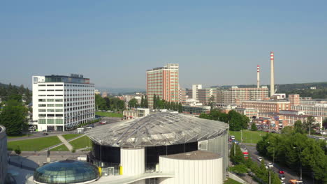 Business-district-in-Brno-city-in-South-Moravia,-Czechia,-drone-shot