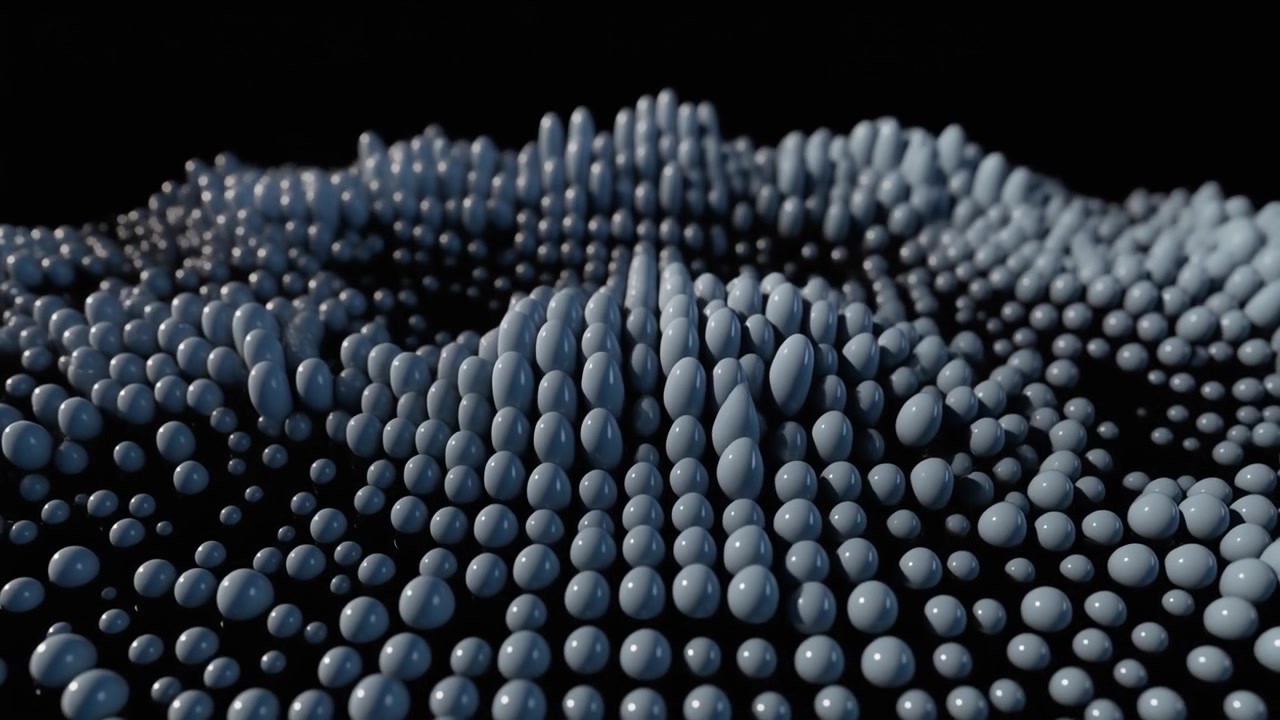 Abstract 3D Animation of Moving Blue Spheres on a Grid