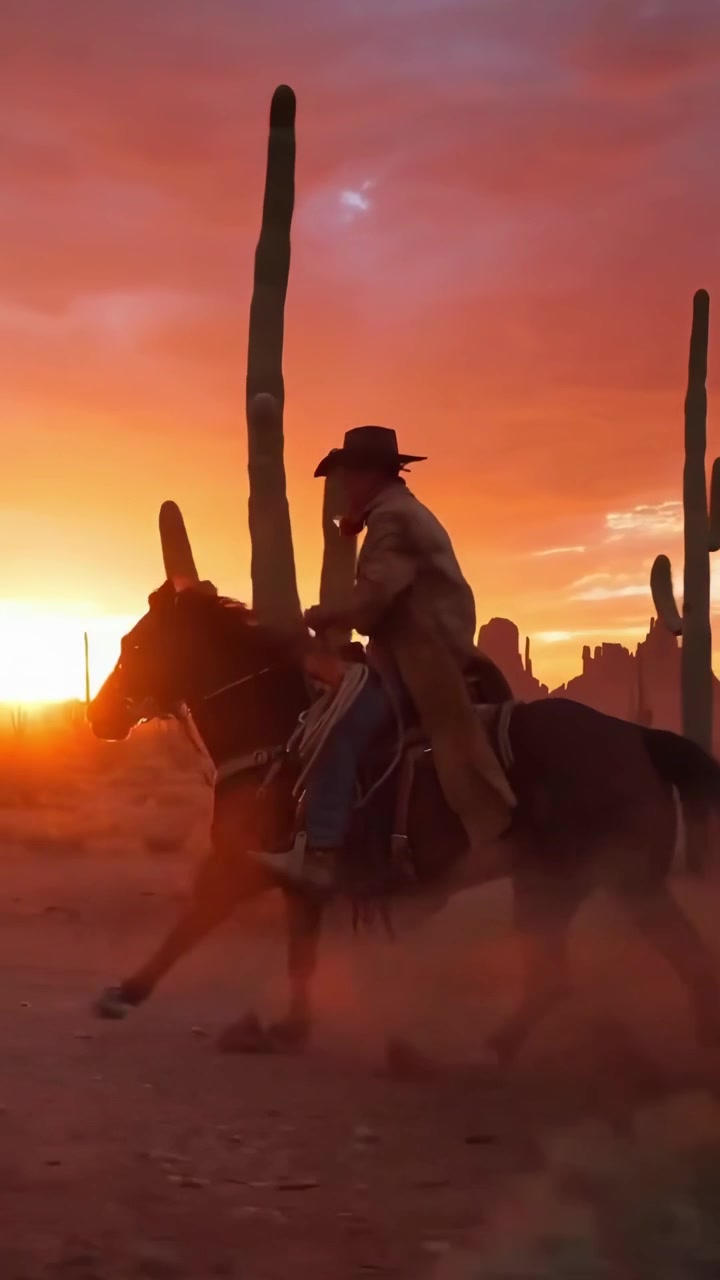 Cowboy Riding Horse Through Desert at Sunset