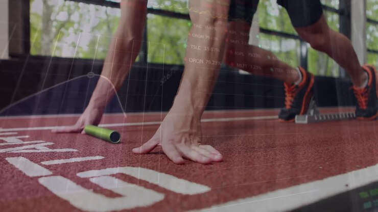 Animation of financial data processing over exercising caucasian man