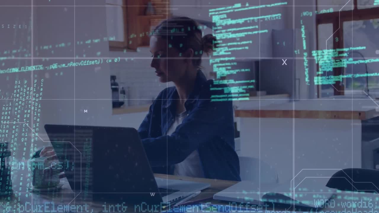 Animation of data processing over smiling financial data processing over businesswomen using tablet