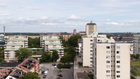 living district of nacka in stockholm city, beautiful apartment buildings, aerial drone view