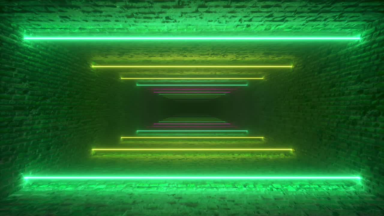 Flying through glowing neon lines creating a brick tunnel, blue red pink violet spectrum, fluorescent ultraviolet light, modern colorful lighting, 4k seamless loop cg animation