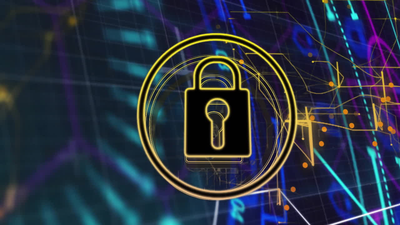 Lock icon animation over digital data and graphs background