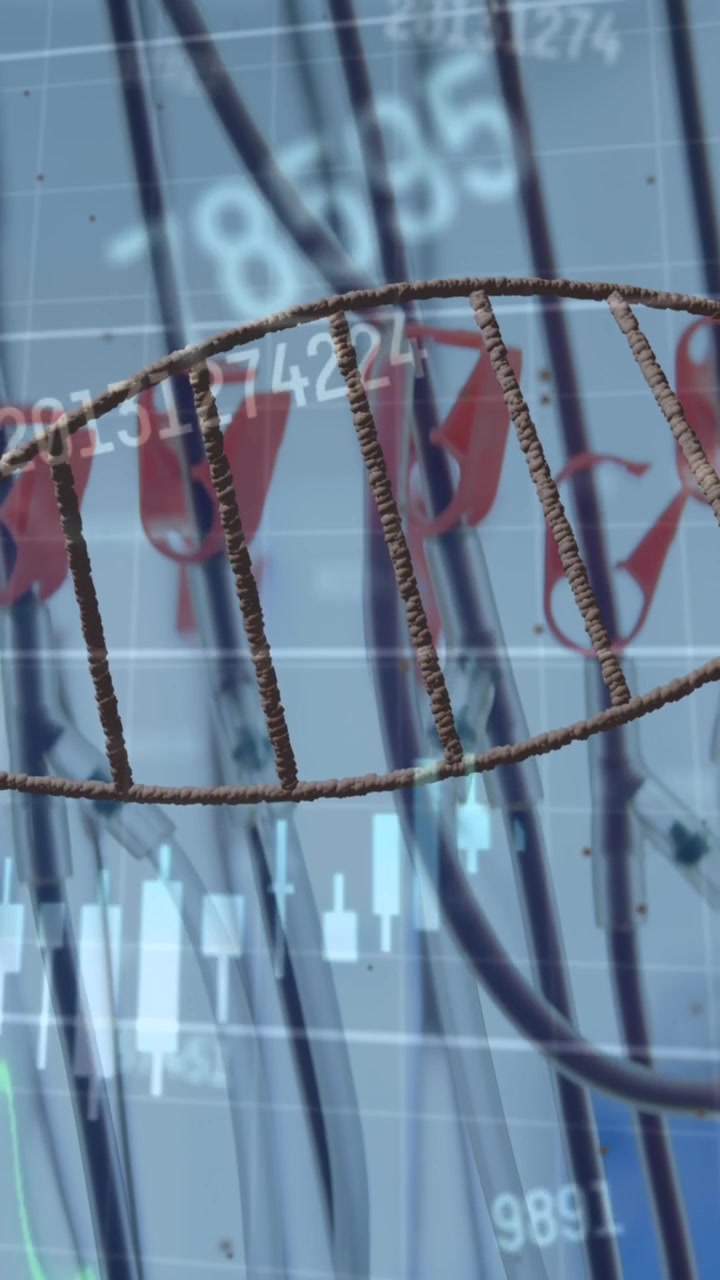 Dna structure spinning and financial data processing against close up of laboratory equipment