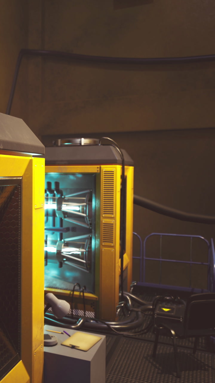 Mysterious yellow machines glow softly in an industrial room at twilight