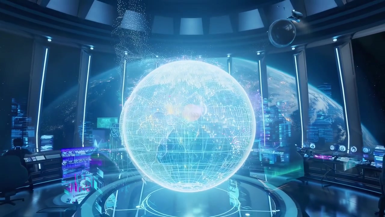 Futuristic Command Center with Holographic Earth Globe and Operators