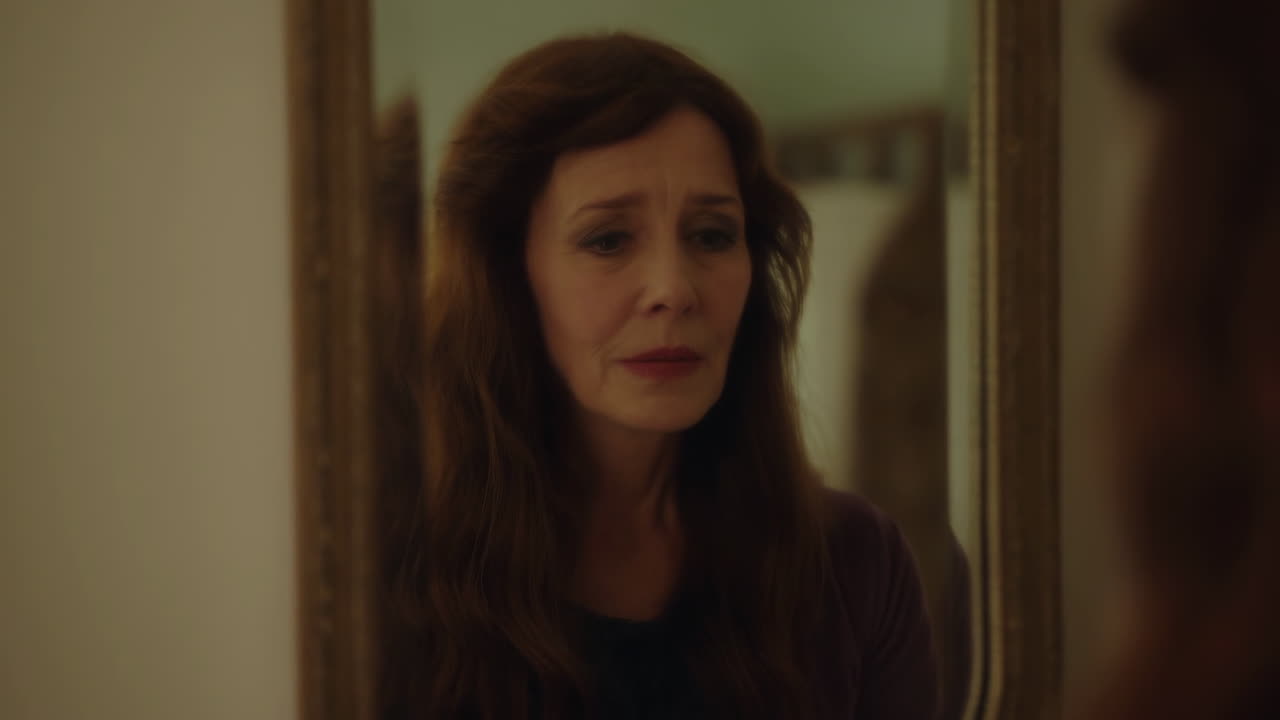 Emotional Woman Looks at Her Aging Reflection in a Mirror