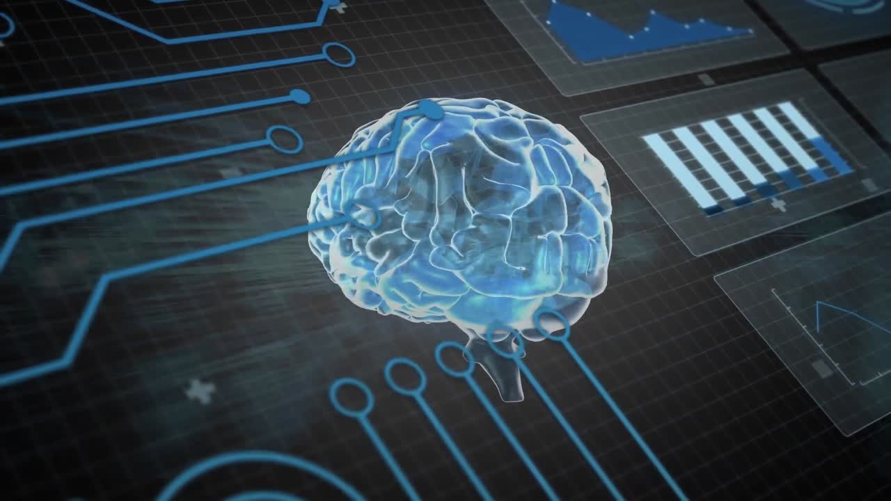 Animation of graphs, circuit board pattern and human brain over abstract background