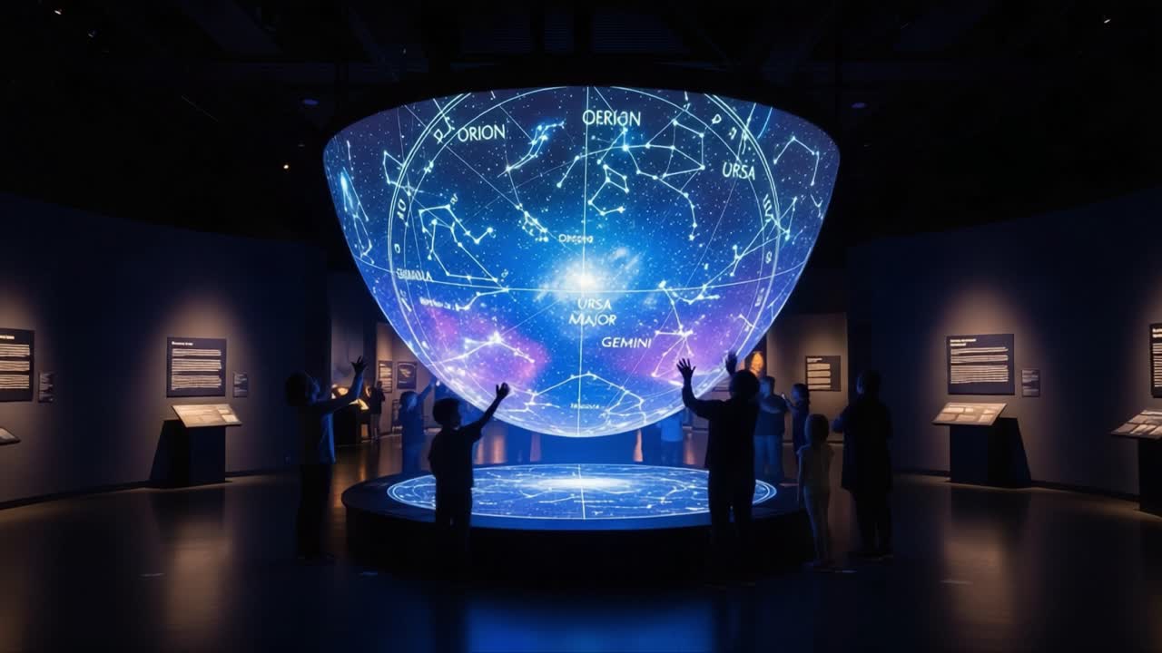 Interactive Digital Planetarium Showcasing Constellations with Engaged Visitors Exploring the Stellar Cosmos Through a Stunning Multimedia Experience