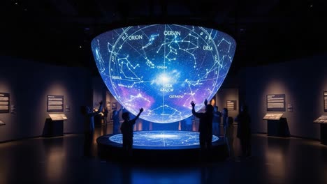interactive digital planetarium showcasing constellations with engaged visitors exploring the stellar cosmos through a stunning multimedia experience